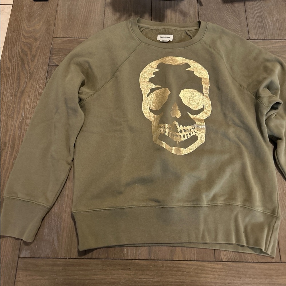 Zadig & Voltaire Olive Crewneck with Gold Skull